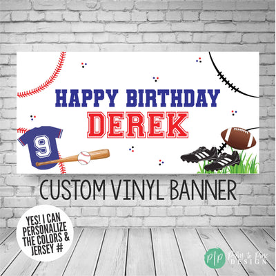 Personalized football and baseball birthday banner with sporty all star design, perfect for kids’ party backdrop