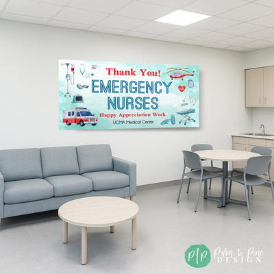 Emergency Nurses Week banner hanging in hospital nurse station breakroom