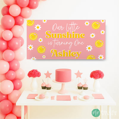 Our Little Sunshine Birthday Banner with Daisy&#39;s for first birthday in pink and yellow color scheme