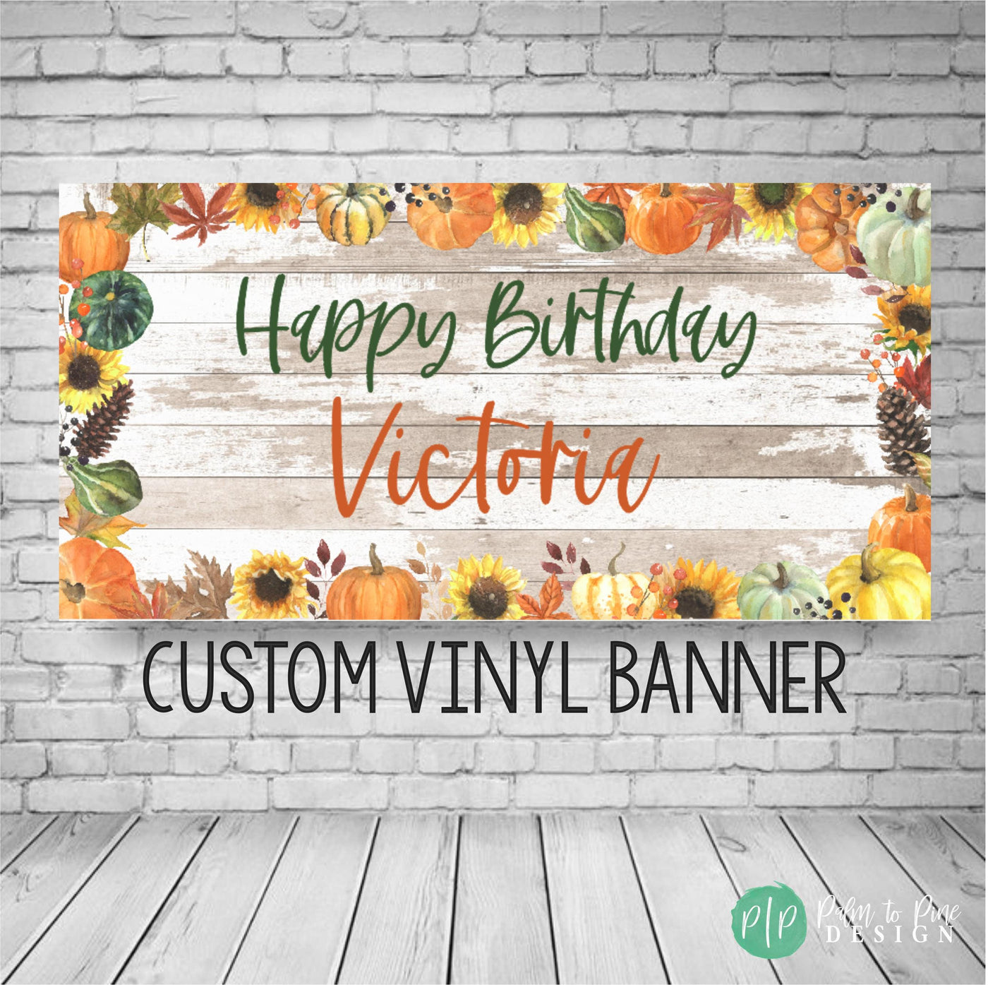fall birthday banner with pumpkin, fall leaves and sunflower border and rustic wooden background. Happy Birthday and personalized name in modern, fun font