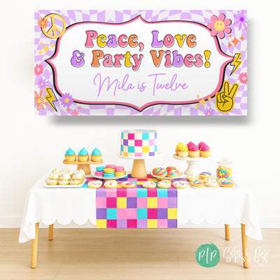 Peace, love and party vibes teen girl birthday party with checkers, peace signs, groovy flowers and lightning bolts in front of dessert table