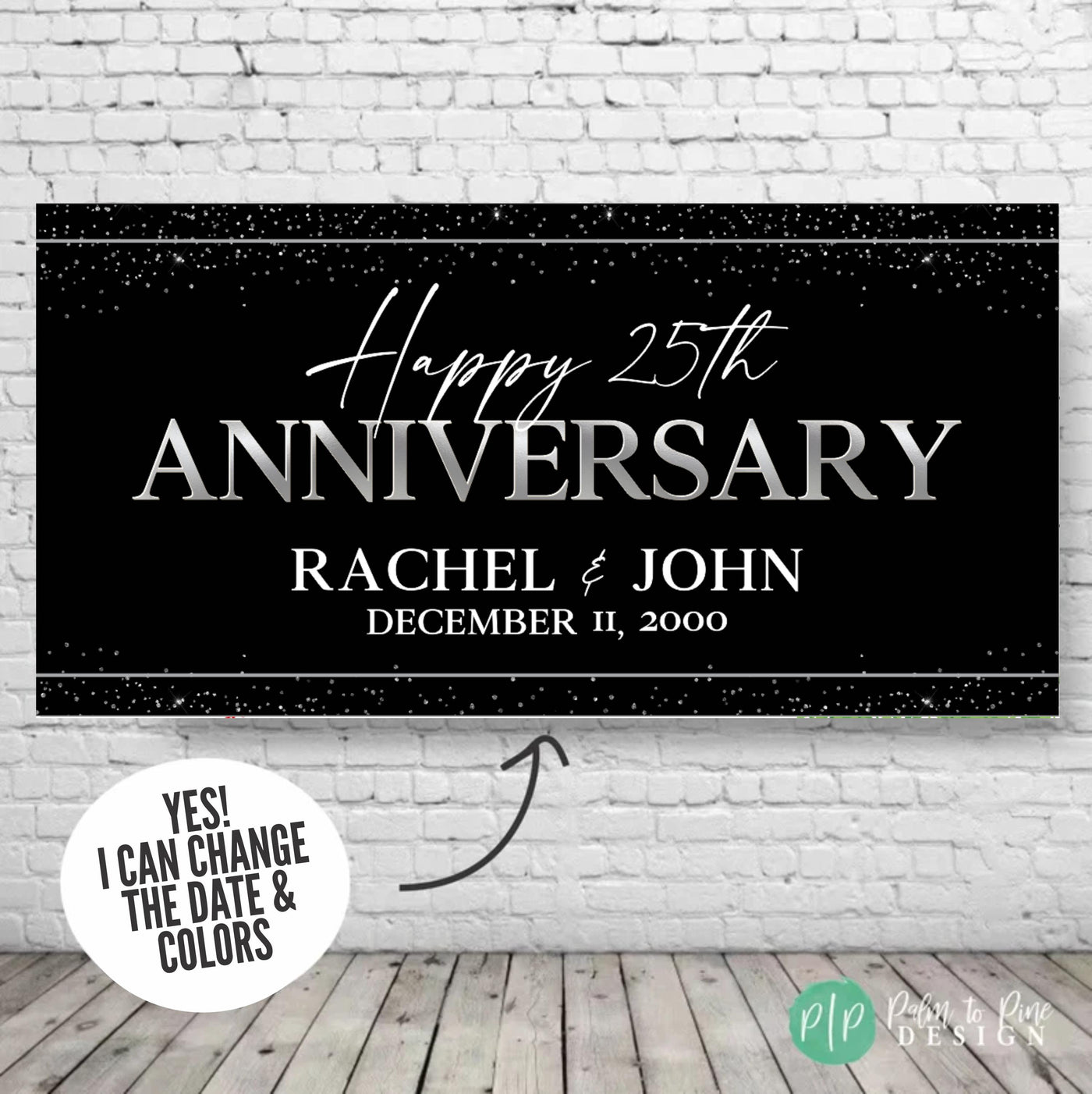 Silver and white personalized anniversary banner for mom and dad’s 25th wedding anniversary party