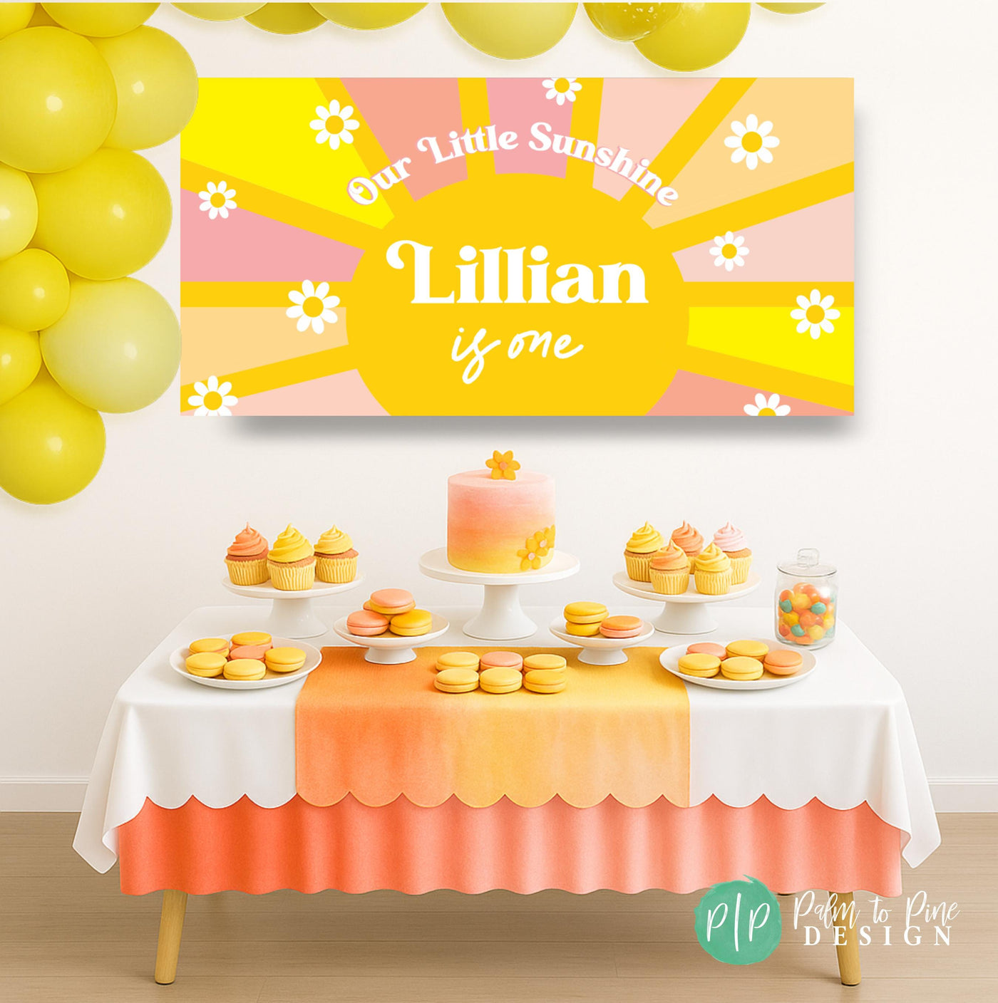 Girls’ Our Little Sunshine party banner with sun and daisy design, personalized text, staged behind a pink and yellow dessert table with cupcakes and treats.