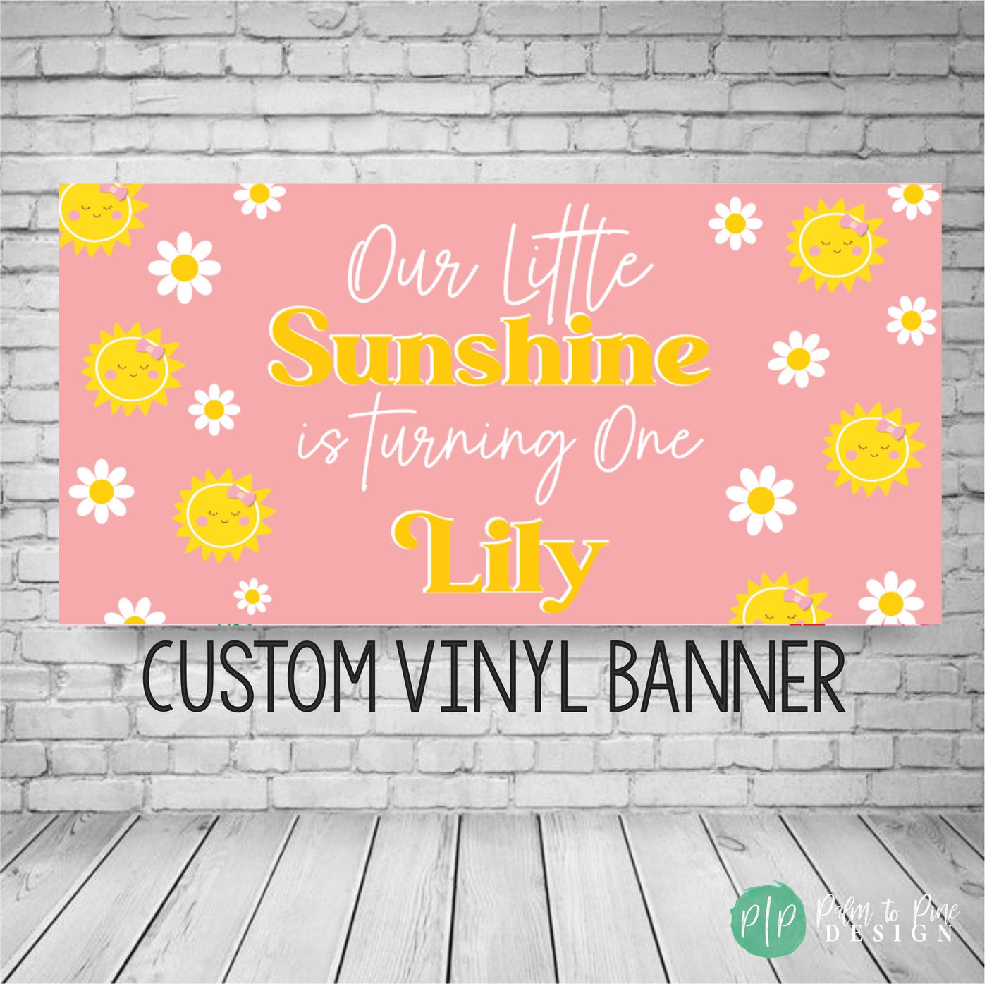 Groovy sunshine birthday banner in pink and yellow with daisies and retro lettering for baby shower or first birthday