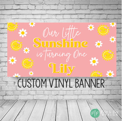Groovy sunshine birthday banner in pink and yellow with daisies and retro lettering for baby shower or first birthday