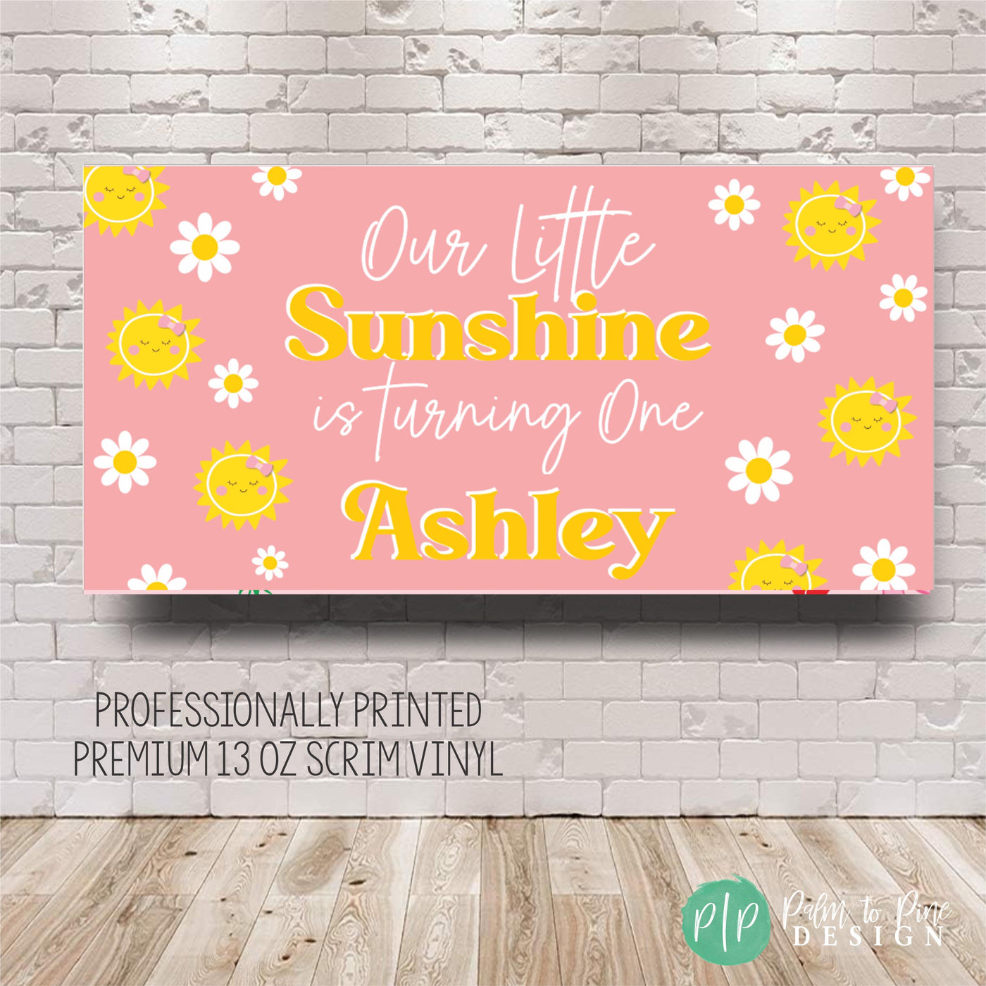 Retro sunshine party banner with daisy flowers and custom text, perfect for girls’ birthdays.