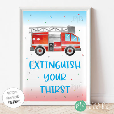 Kids party drink station sign reading ‘Extinguish Your Thirst’ in fun font, designed in red and blue with bright triangle accents