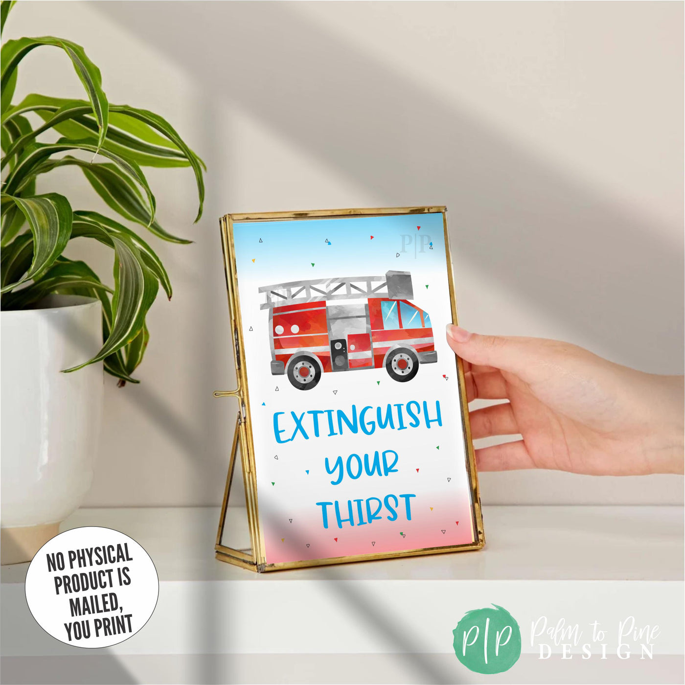Red and blue ‘Extinguish Your Thirst’ party sign with playful multicolored triangles sprinkled in design for a firetruck or transportation themed birthday.