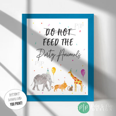 Do Not Feed the Party Animals jungle birthday sign in blue picture frame
