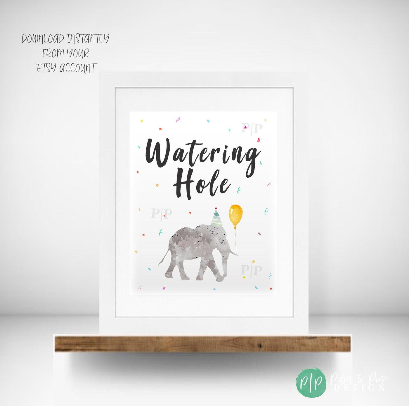 Jungle safari birthday drink station sign with elephant in party hat, balloon, and rainbow confetti background, text reads Watering Hole.
