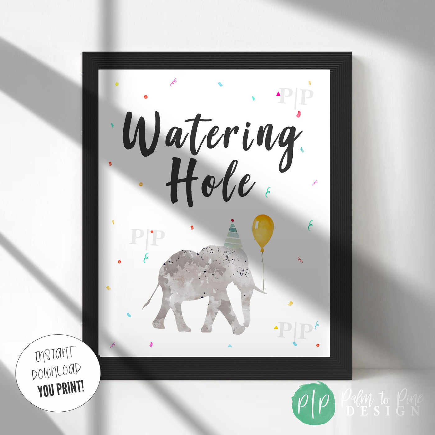 Watering Hole elephant safari party sign in black picture frame