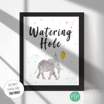 Watering Hole elephant safari party sign in black picture frame