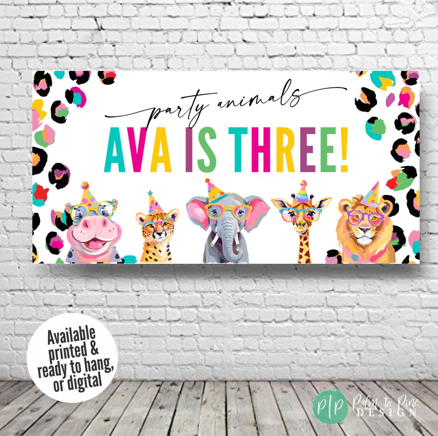 Safari theme neon party banner with jungle animals in party hats and glasses