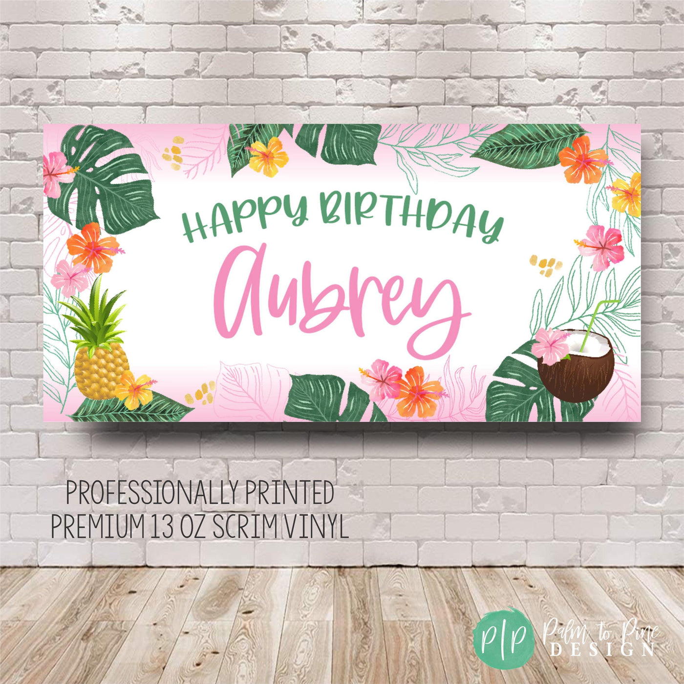 Personalized tropical palms party banner in pink and green for birthday or bachelorette party.