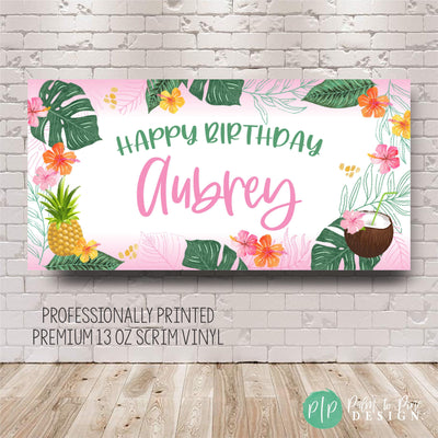 Personalized tropical palms party banner in pink and green for birthday or bachelorette party.