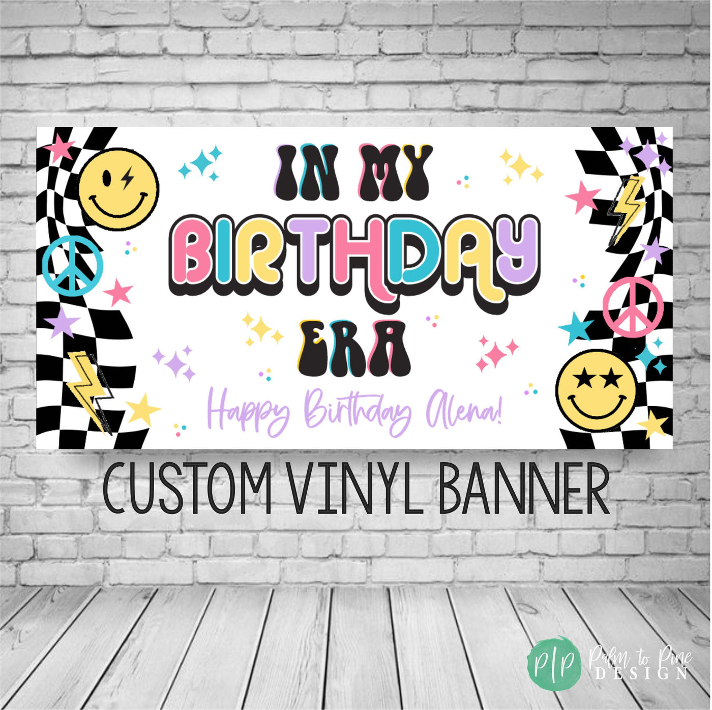 Preppy tween girl birthday banner with bright stars and smiley faces