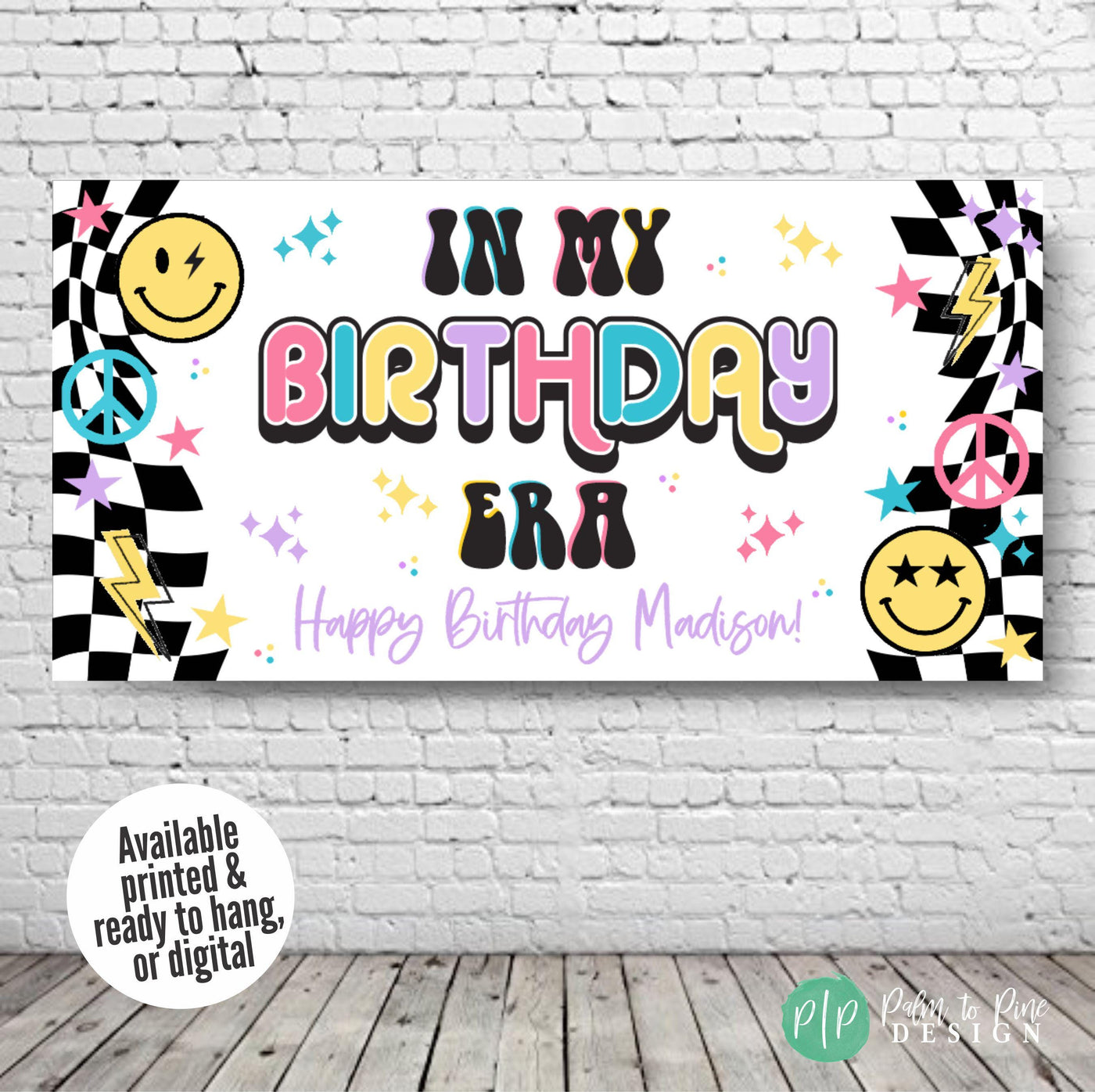 Girl’s preppy birthday party backdrop with trendy icons