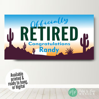 Personalized Retirement Banner, Arizona Sunset Desert Party Backdrop with Cactus, Southwestern Retirement Party Banner, Sunset Desert Decor