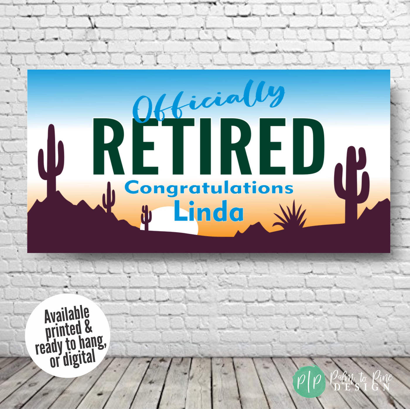 Personalized Retirement Banner, Arizona Sunset Desert Party Backdrop with Cactus, Southwestern Retirement Party Banner, Sunset Desert Decor