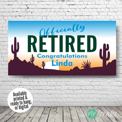 Personalized Retirement Banner, Arizona Sunset Desert Party Backdrop with Cactus, Southwestern Retirement Party Banner, Sunset Desert Decor