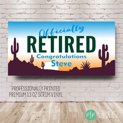 Personalized Retirement Banner, Arizona Sunset Desert Party Backdrop with Cactus, Southwestern Retirement Party Banner, Sunset Desert Decor