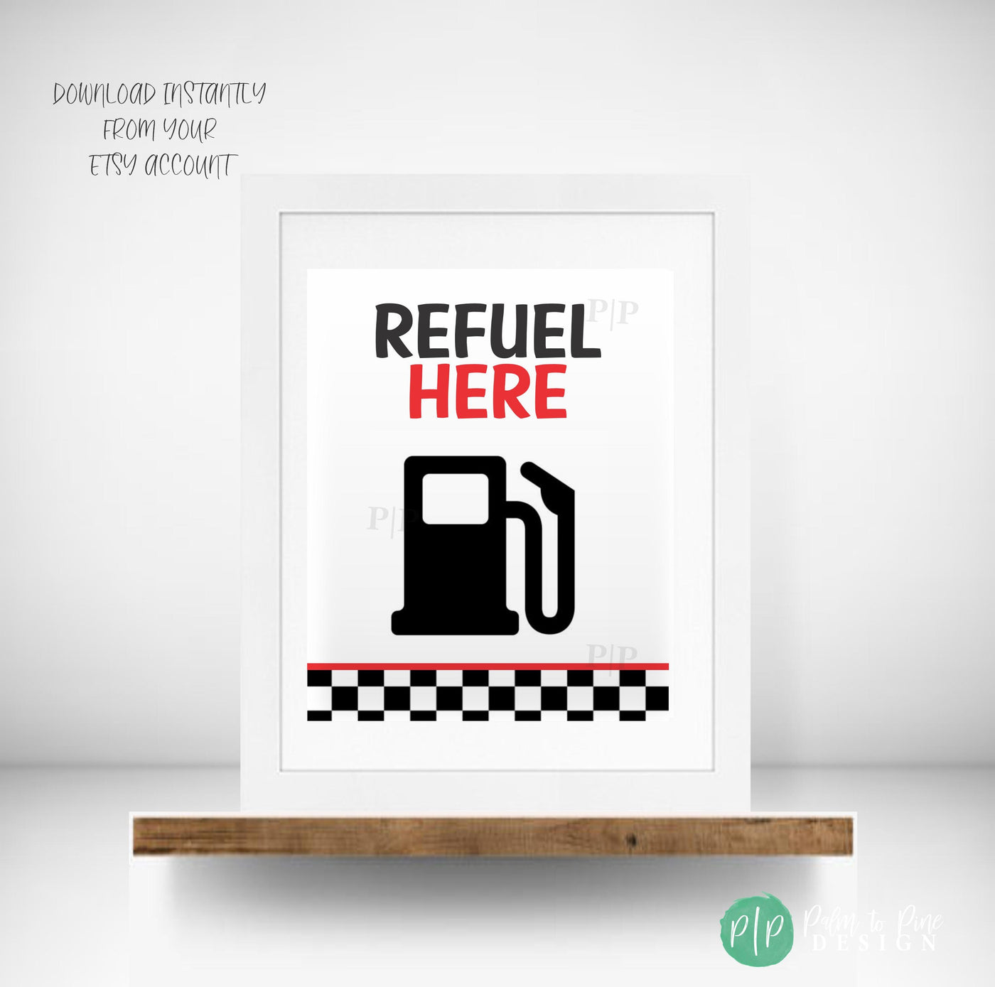 Printable &quot;Refuel Here&quot; racecar party sign with bold black and red text, gas pump illustration, and checkered flag border