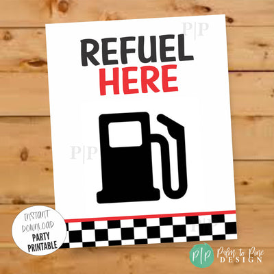 &quot;Refuel Here&quot; racecar drink station sign with gas pump illustration, black and red text, and checkered flag border