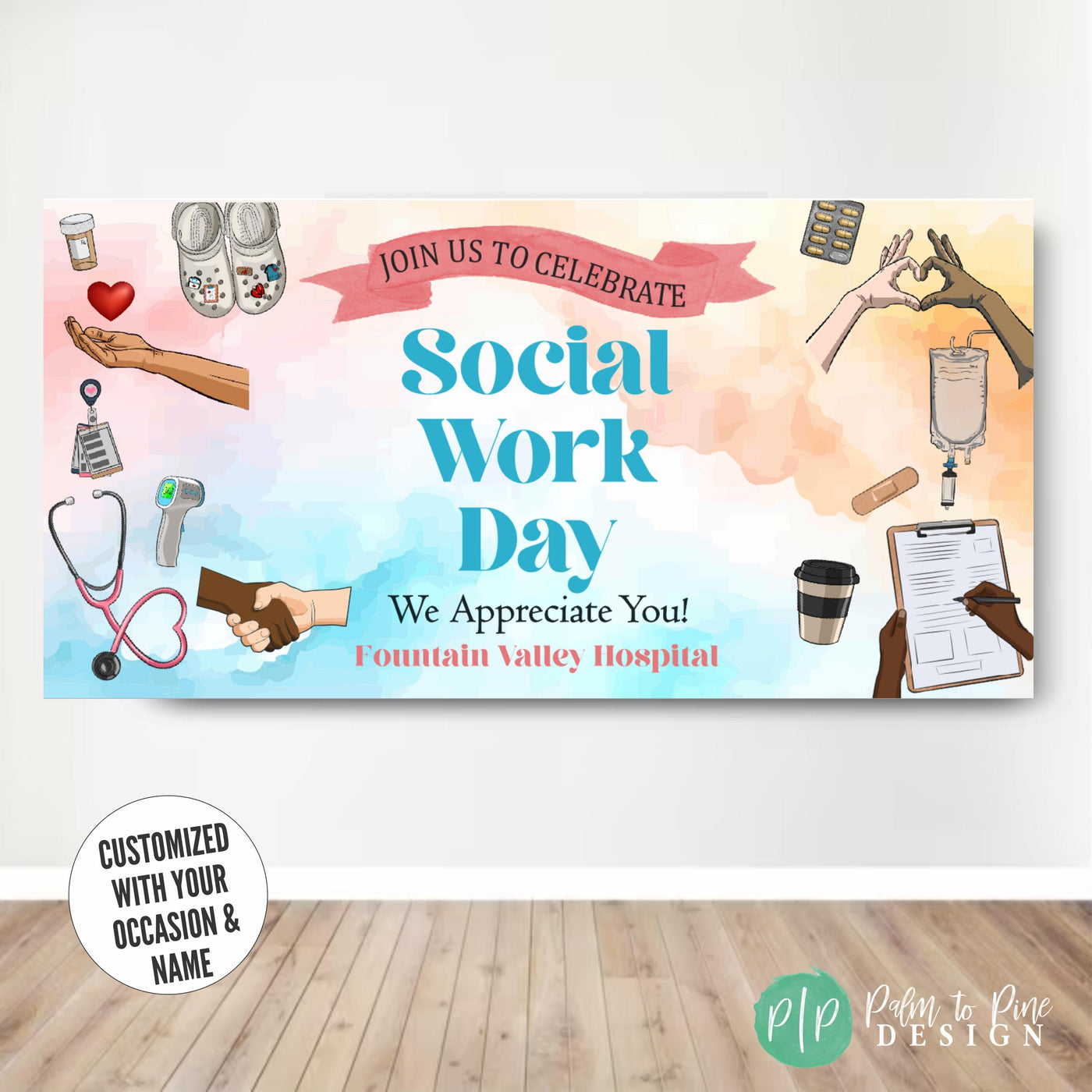 Social worker appreciation backdrop banner for office celebrations, featuring professional medical theme decor