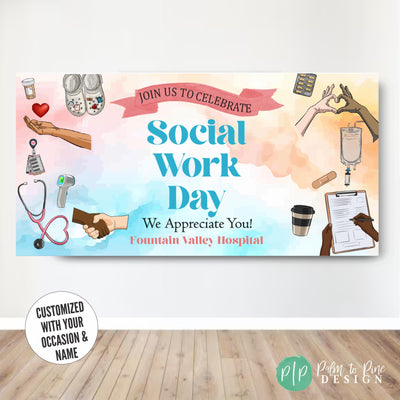 Social worker appreciation backdrop banner for office celebrations, featuring professional medical theme decor