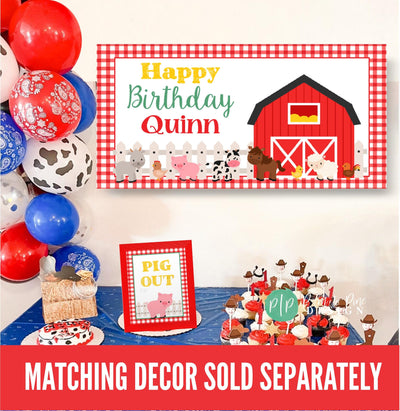 Farm birthday party with personalized banner, balloon arch and barnyard dessert table