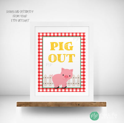 Farm birthday party printable sign with pig artwork and picnic-style red gingham border, instant download table decor