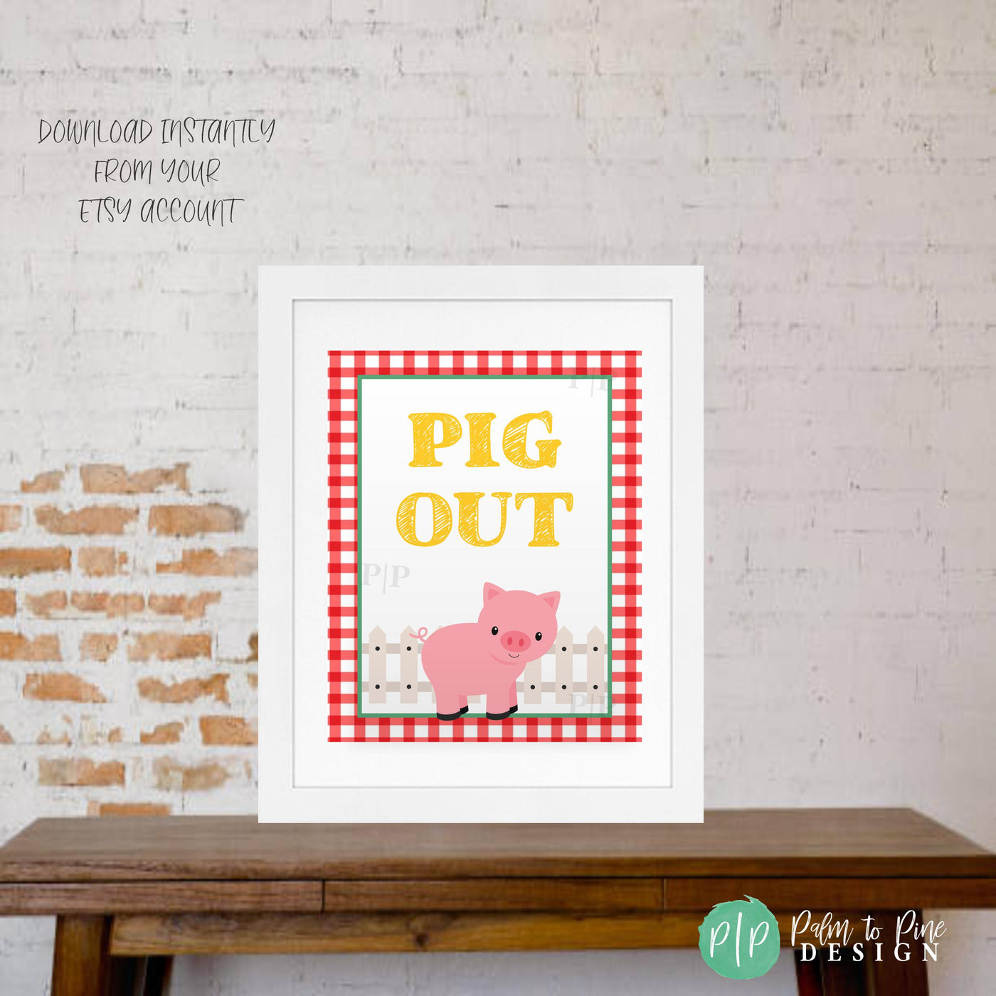 Farm theme dessert table sign with pig illustration and red gingham design, perfect for farm birthday or barnyard baby shower