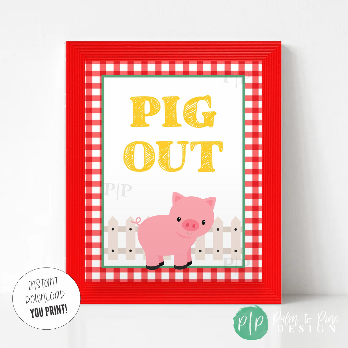 Gingham pig out barn birthday sign