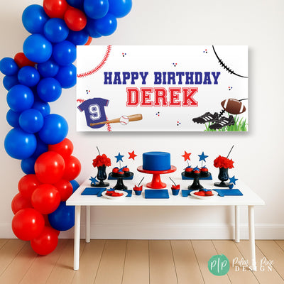 Red and blue Sports birthday banner featuring half football and half baseball graphics with custom name and age with a dessert table and balloon garland