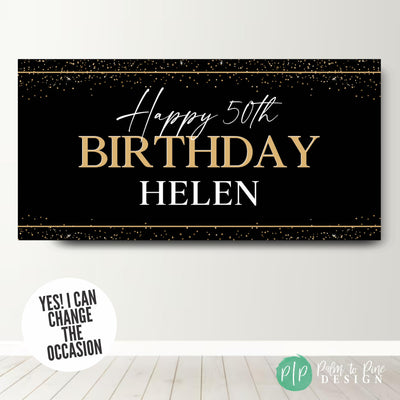 Personalized 50th birthday party backdrop in gold with name