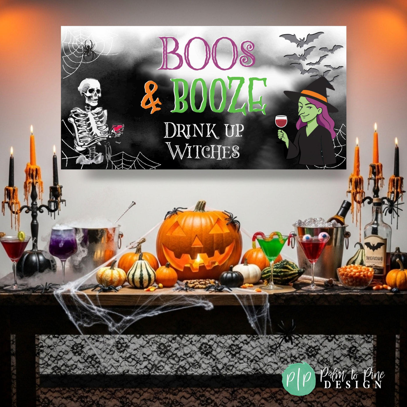 Halloween wine night decoration with skeleton cheers design behind a spooky halloween bar set up