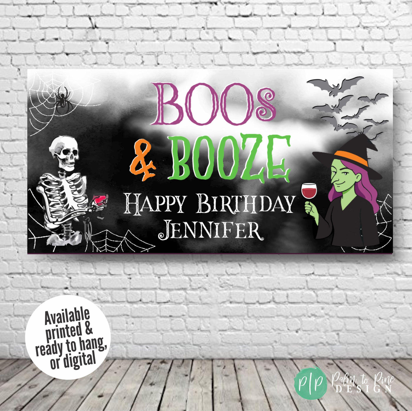 Boos and Booze Birthday Banner for women with witch and skeleton holding wine glasses