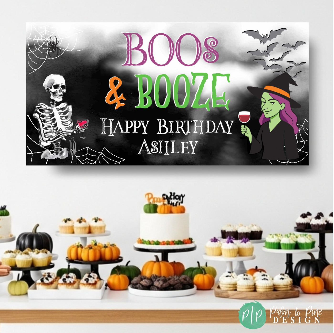 Spooky chic Halloween wine theme décor for parties behind pumpkin themed dessert table