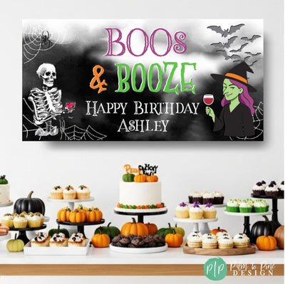 Spooky chic Halloween wine theme décor for parties behind pumpkin themed dessert table