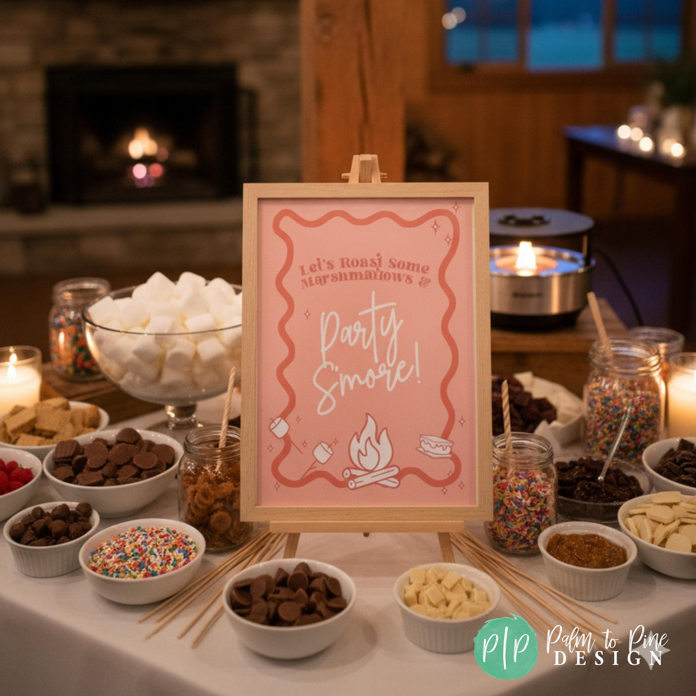 S’mores station sign displayed at preppy cabin for camp bachelorette