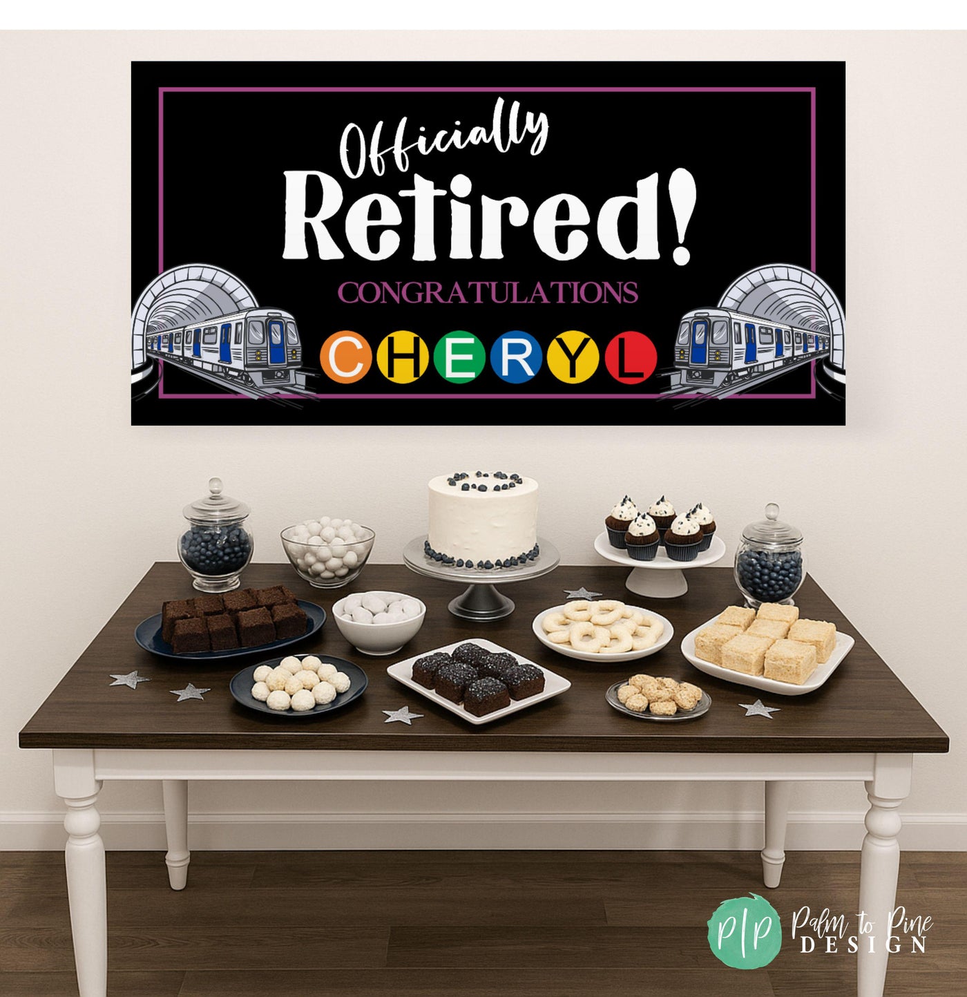 Personalized subway theme retirement party décor banner with tunnel background and subway-style letters in front of dessert table