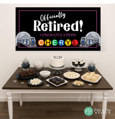 Personalized subway theme retirement party décor banner with tunnel background and subway-style letters in front of dessert table