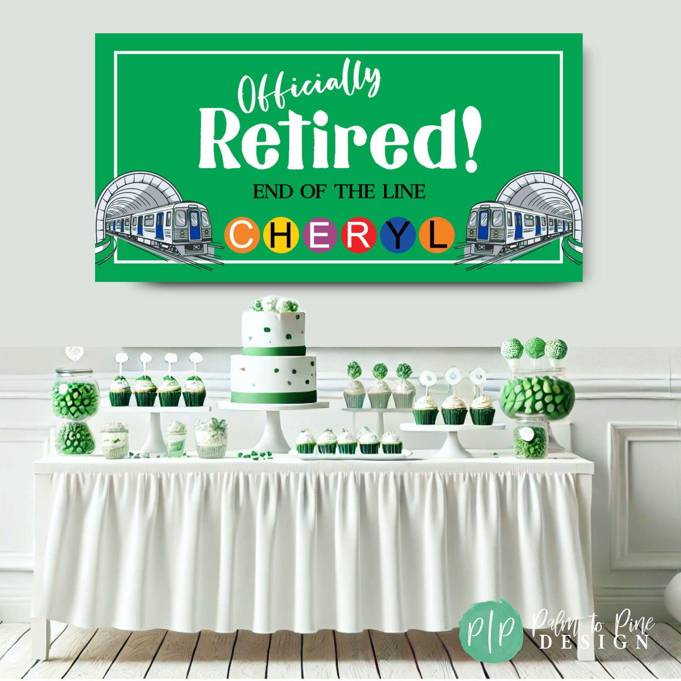 Subway Train theme retirement banner in green and white