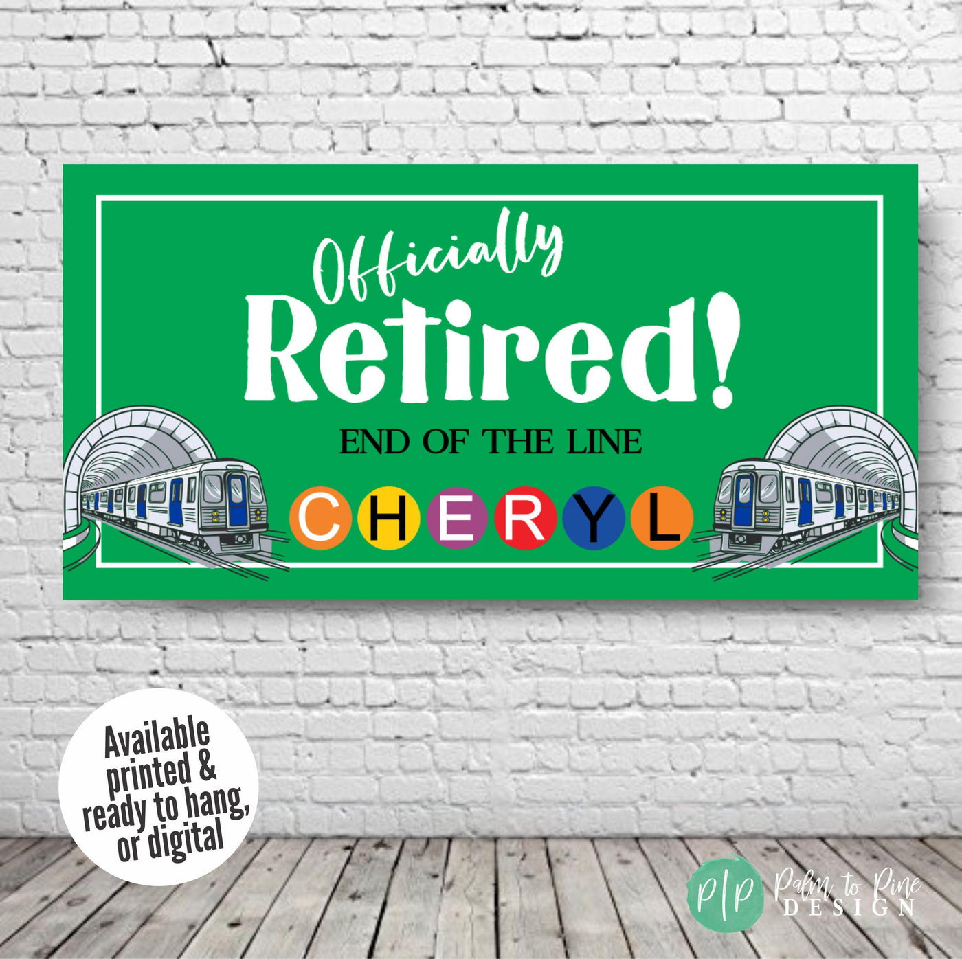 Transit retirement banner with subway trains, a tunnel backdrop, and the retiree’s name displayed in subway-style line circles on a green background