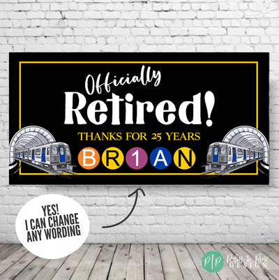 Modern transit retirement banner with two subway trains and personalized name, black and yellow subway map design