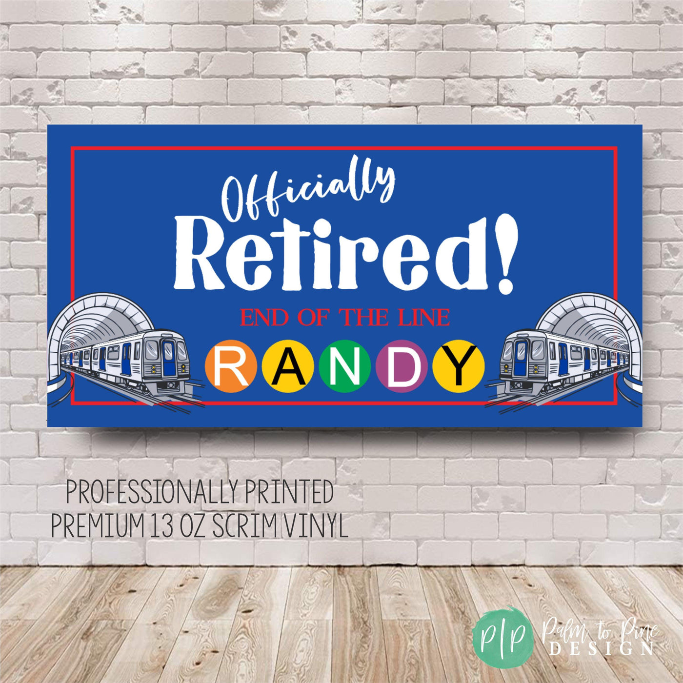 Digital or printed transit employee retirement banner featuring subway cars and modern design layout