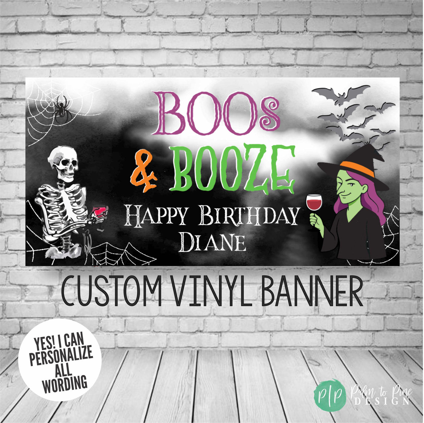 Hallo-wine banner with skeleton and witch holding wine glasses