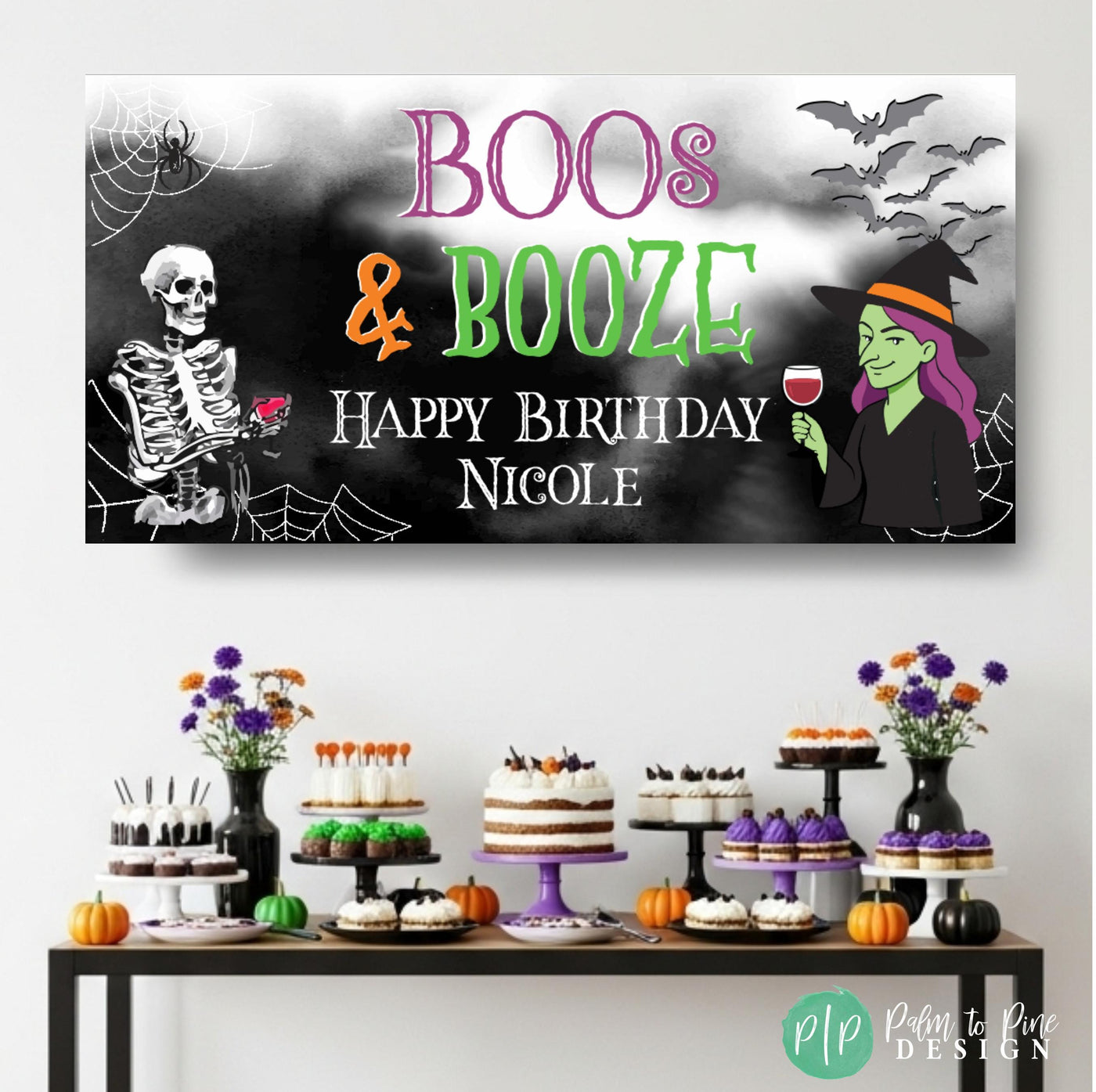 Hallo-wine party banner hanging behind dessert