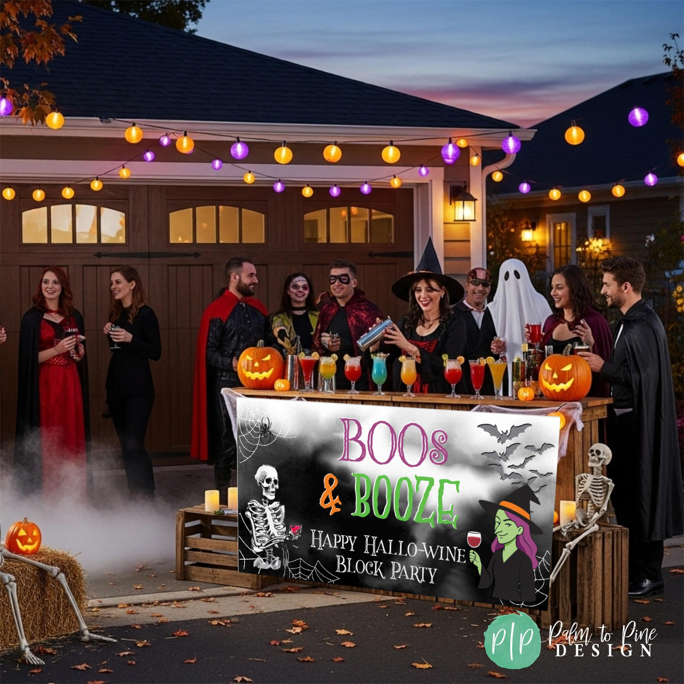 Boos and Booze Halloween banner featured at outdoor neighborhood block party