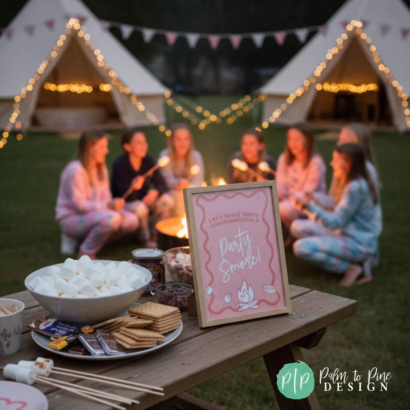 S&#39;mores Dessert Bar and custom pink sign at tween girls camping party